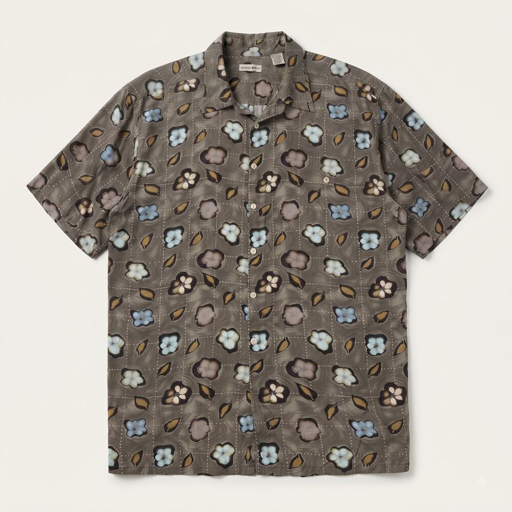 Burma Bibas Mens L Vintage Retro Artsy Silk Floral Dadcore Button Front Shirt